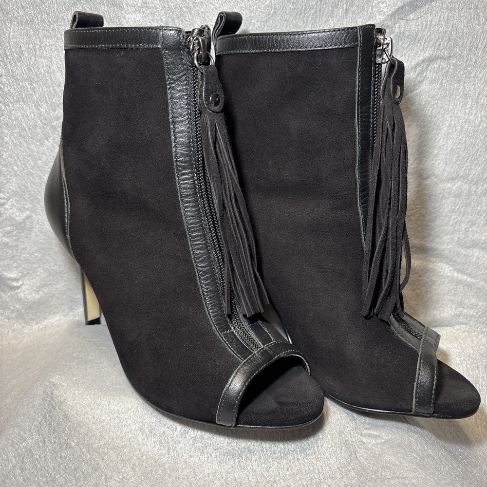 Saks Fifth Ave Emile Black Leather Stiletto Ankle Boot Tassel Zip Peep Toe Wom 6